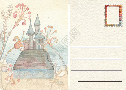 与 Castl 手绘背面明信片插图邮票古董艺术邮政卡片棕褐色褪色风化水彩图片