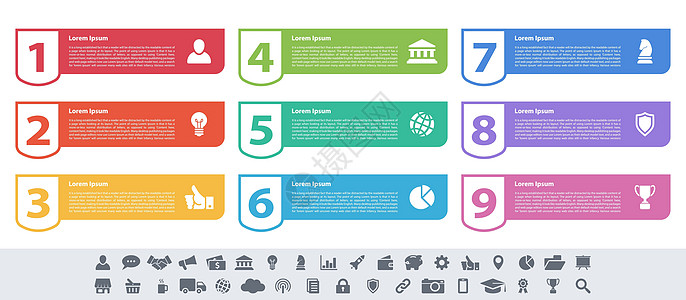 信息图表设计业务概念矢量图和 9 步金融报告议程顺序工作数据网络标签脚步按钮图片