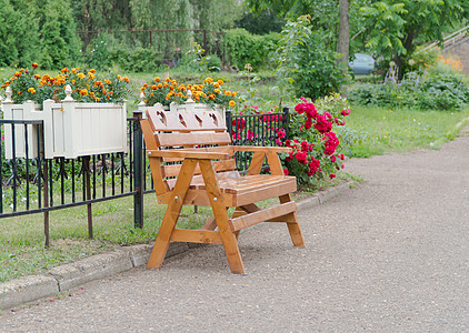 公园中的木板凳放松座位花园植物小路季节风景孤独绿色棕色图片