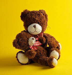 黄色背景的两只棕褐色泰迪熊柔软度工作室娃娃童年毛皮玩具乐趣孤独孩子家庭图片