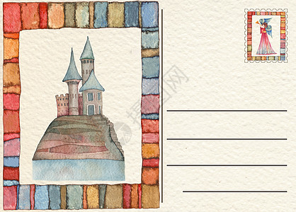 与 Castl 手绘背面明信片风化艺术褪色邮资水彩邮政古董邮票卡片插图图片