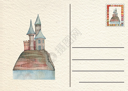 与 Castl 手绘背面明信片棕褐色邮政古董邮件地址邮资风化褪色插图邮票图片