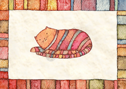 条纹猫水彩它制作图案尾巴卡通片艺术插图橙子动物哺乳动物绘画小猫宠物图片