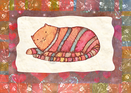 条纹猫水彩它制作图案橙子哺乳动物男生猫咪爪子毛皮宠物女孩卡通片乐趣图片