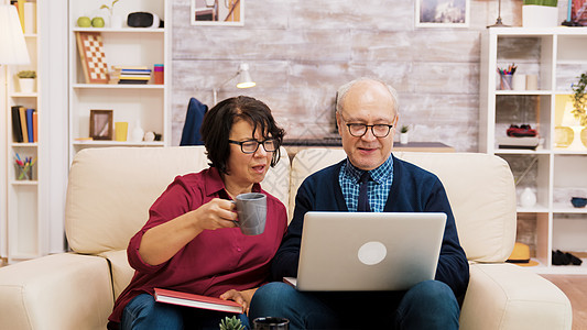 使用笔记本电脑在线购物坐在沙发上的老年夫妇屏幕祖父房子退休家庭祖母夫妻男性女士祖父母图片