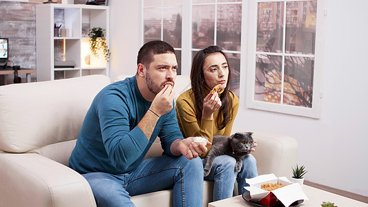 坐在沙发上吃炸鸡的夫妇电影爆米花女性微笑乐趣女士宠物娱乐电视成人图片