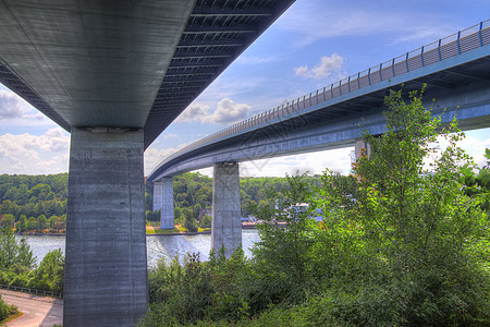 北边Kiel运河大桥上和那里的不同观点建筑学立交桥天空运输建筑景观穿越蓝色铁路交通图片