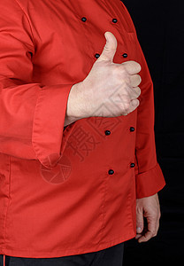 红烹饪的手势夹克职业食物男人工作拇指按钮厨师红色男性图片