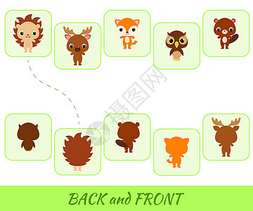 适合儿童的教育游戏 找到背面和正面驼鹿学校荒野注意力工作刺猬乐趣猫头鹰杂志挑战背景图片