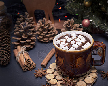 棕色陶瓷杯中加棉花糖的热巧克力图片