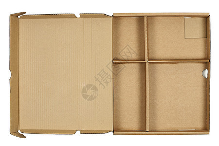 打开的纸板纸箱包装正方形棕色船运材料盒子白色纸盒背景图片