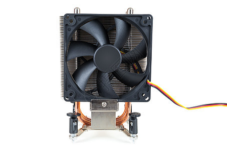 白色背景的 CPU 冷却器金属空气力量塑料黑色处理器冰箱电气硬件散热器图片