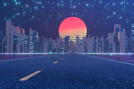 城市道路和日落天空 抽象概念 3d 渲染交通景观沥青街道蓝色豪宅地平线市中心商业橙子图片