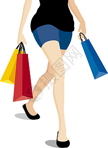 白色背景 v 上提着彩色购物袋走路的女人图片