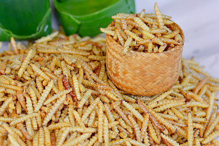 泰国街头食物 木篮中的深炸昆虫(Bamboo蠕虫)图片