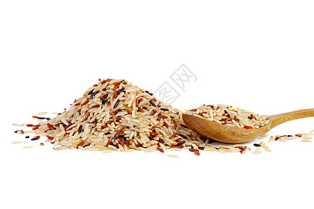 配有不同品种干稻谷的木勺子粮食谷物棕色红色荒野黑色图片