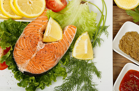 鲑鱼柠檬鱼片香菜橙子海鲜蔬菜牛扒盘子食物餐厅图片