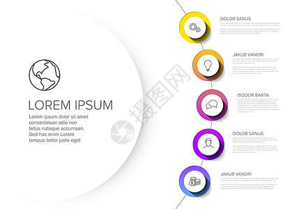 具有五个元素的多用途信息图表模板报告推介会插图数据黄色圆圈卡片标签统计圆形图片