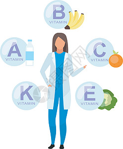 医生解释维生素来源平面矢量图 提供新鲜水果蔬菜的营养师 促进乳制品消费的营养师在白色背景下孤立卡通人物图片
