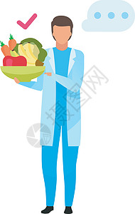 医生推荐新鲜水果和蔬菜消费平面矢量图 男性营养师在白色背景下推广素食营养孤立卡通人物图片