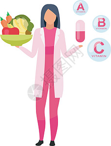 天然与合成维生素平面矢量图 女医生拿着一碗新鲜水果蔬菜在白色背景上孤立的卡通人物 解释食品补充剂的营养师图片