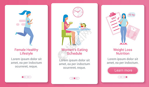 女性健康生活方式入职移动应用程序屏幕矢量模板 具有扁平字符的食物计划重量控制演练网站步骤  UXUIGUI 智能手机卡通界面概念图片