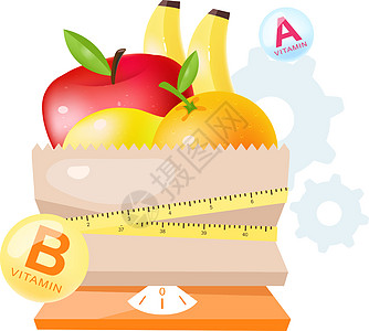 膳食营养平面矢量图中的新鲜水果 卡通在纸袋与灵活的卷尺和尺度隔离在白色背景 素食成分图片