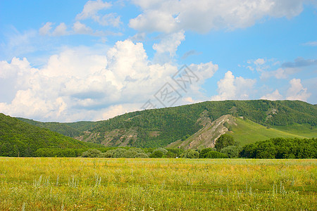 美丽的夏季风景天空爬坡土地山脉针叶阳光太阳蓝色场地荒野图片