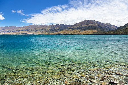 Wanaka湖新西兰南部岛屿农村天空全景顶峰反射爬坡天线蓝色草地风景图片