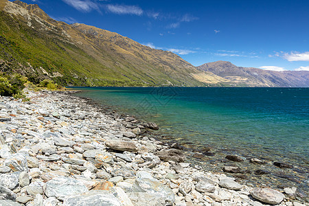 Wanaka湖新西兰南部岛屿顶峰爬坡农村晴天旅行全景草地蓝色旅游风景图片