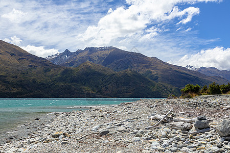 Wanaka湖新西兰南部岛屿海岸农村反射旅行草地旅游爬坡全景晴天天空图片