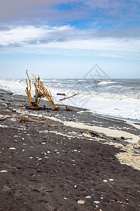 新西兰 Hokitika荷基提卡旅游海岸木头天空波浪荒野地平线鹅卵石海滩海洋图片