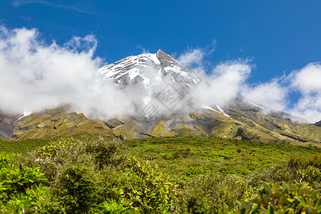 覆盖云雾的塔拉纳基火山 新西兰旅游天气岩石旅行绿色植物蓝色森林吸引力图片