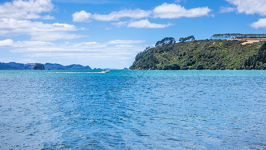 新西兰科罗曼德尔岛的海洋视图爬坡树木蓝色假期地平线石头岩石风景植物图片