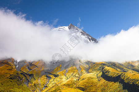 覆盖云雾的塔拉纳基火山 新西兰绿色植物天气旅游森林旅行吸引力草地乡村岩石图片