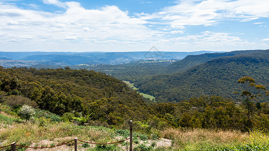 蓝山澳大利亚全景绿色岩石山脉树木森林丘陵天空黄色弯曲蓝色图片