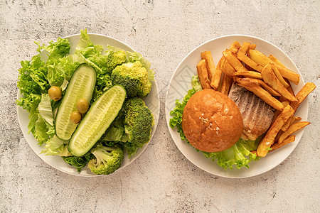 有快餐和健康食品的板板 最上观 平面蔬菜薯条营养重量油炸小吃食物饮食盘子绿色图片