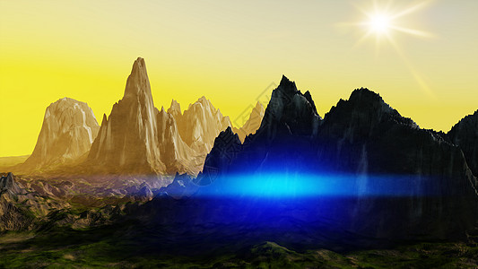 daw 的奇幻风景沙漠远足岩石插图蓝色天空丘陵渲染太阳绿色图片