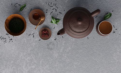 棕色粘土茶壶和茶杯在杯子里喝茶绿茶叶子陶瓷饮料制品薄荷叶桌子液体传统立方体图片