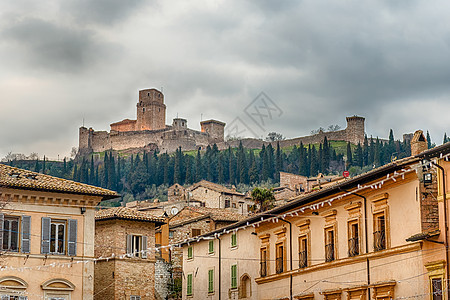 在意大利阿西西的中世纪堡垒城堡地标旅游石头遗产旅行建筑岩石历史性天空图片