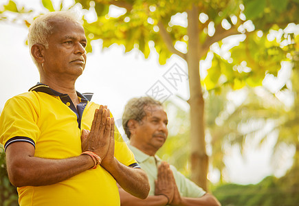 有选择地关注练习简单瑜伽的老年男性 — 健身 运动 瑜伽和健康的生活方式概念 — 两名在户外公园摆姿势的老年男性图片