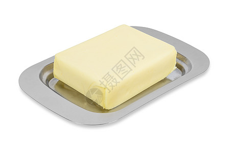 白色背景的金属盒中的黄油块养分早餐美食金属烹饪牛奶小吃奶制品营养食谱图片