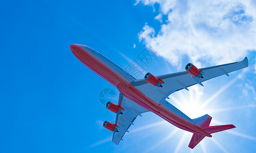 白色红色条纹在天空中飞翔车辆3d技术客机蓝色航空运输翅膀飞机商业图片