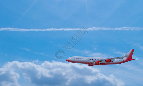 白色红色条纹在天空中飞翔飞机场乘客尾巴涡轮客机航班引擎渲染阳光喷气图片