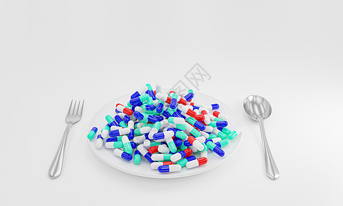 许多药胶囊都装满了带勺子的白盘子科学疾病药物止痛药处方抗生素疼痛卫生治疗饮食图片
