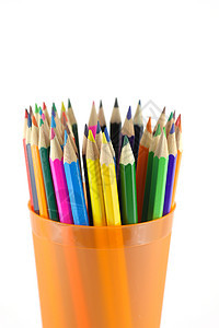 白上橙色背面的彩色铅笔黄色宏观办公室绿色蓝色工具红色黑色团体玻璃图片