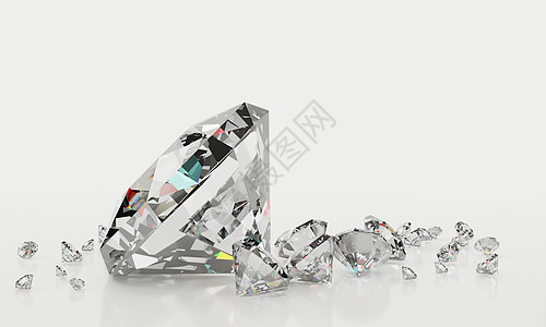 许多尺寸的钻石在白色背景与反射火花游戏水晶石头奢华宏观婚礼多边形婚姻蓝色图片