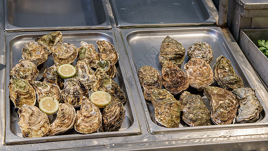 鱼市场上的新鲜牡蛎团体食物壳类美食贝类钓鱼海洋海鲜奢华销售图片