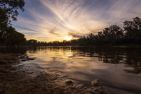 澳洲埃丘卡的杂草河日落天空蓝色反射黄金钓鱼树干生态心草树木波纹图片