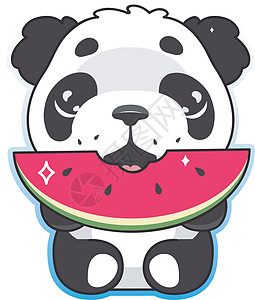 可爱的熊猫吃西瓜卡哇伊卡通矢量人物 可爱 快乐和有趣的动物享受夏季食物隔离贴纸 白色背景上的动漫宝宝熊猫熊表情符号图片